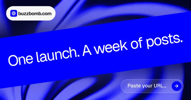 Social ad for BuzzBomb: "One launch. A week of posts." Agentic glass style, diagonal layout, dark palette in blue.