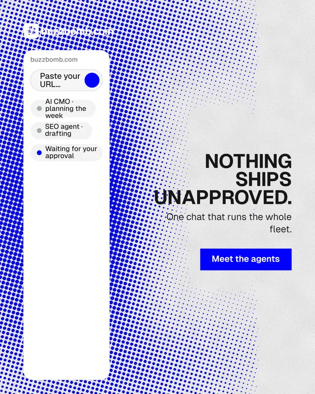 Instagram portrait post for BuzzBomb: "Nothing ships unapproved." Swiss style, right layout, light palette in white, blue.