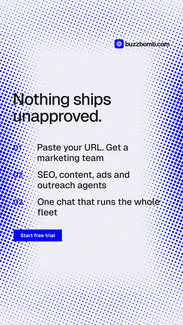 Instagram story for BuzzBomb: "Nothing ships unapproved." Split block style, numbered layout, light palette in blue, white.