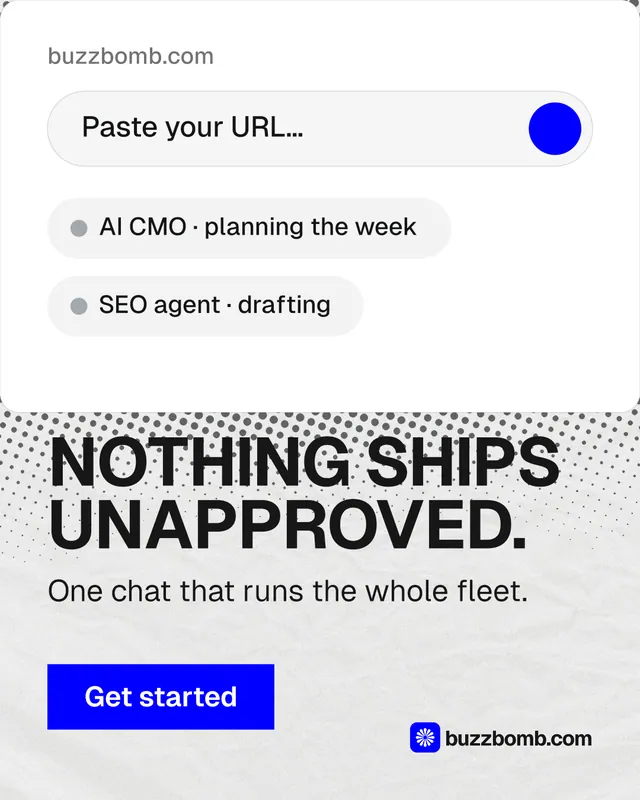 Instagram portrait post for BuzzBomb: "Nothing ships unapproved." Split block style, skeleton layout, light palette in white, grey.