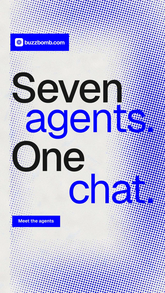 Instagram story for BuzzBomb: "Seven agents. One chat." Swiss style, stacked layout, light palette in blue, white.