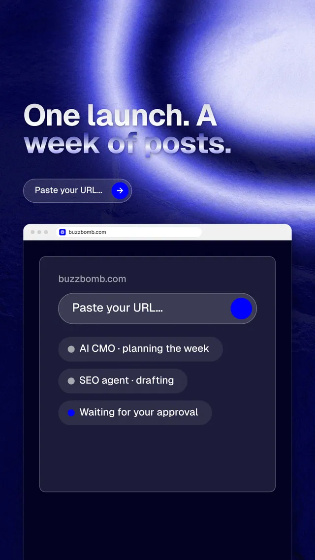 Instagram story for BuzzBomb: "One launch. A week of posts." Agentic glass style, browser layout, dark palette in blue, black.