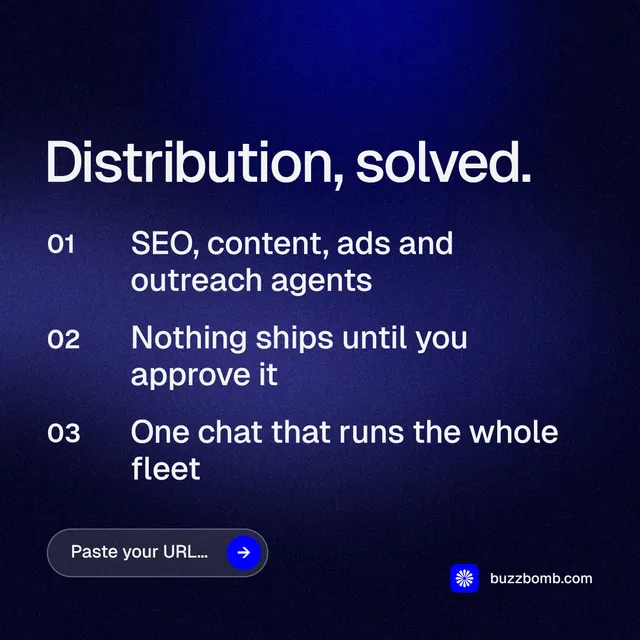 Instagram post for BuzzBomb: "Distribution, solved." Agentic glass style, numbered layout, dark palette in blue, black.