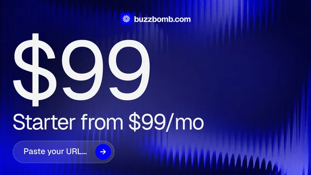 Landscape graphic for BuzzBomb: "Get a marketing team." Agentic glass style, stat layout, dark palette in blue.