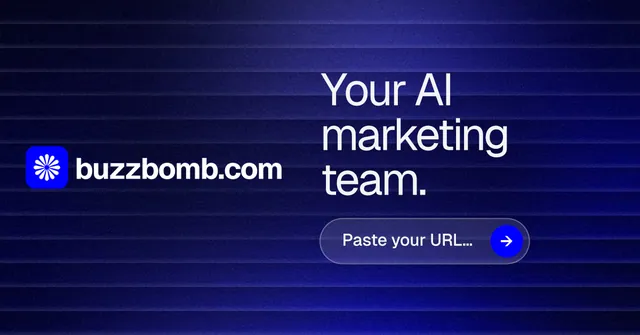 Social ad for BuzzBomb: "Your AI marketing team." Agentic glass style, logo hero layout, dark palette in black, blue.