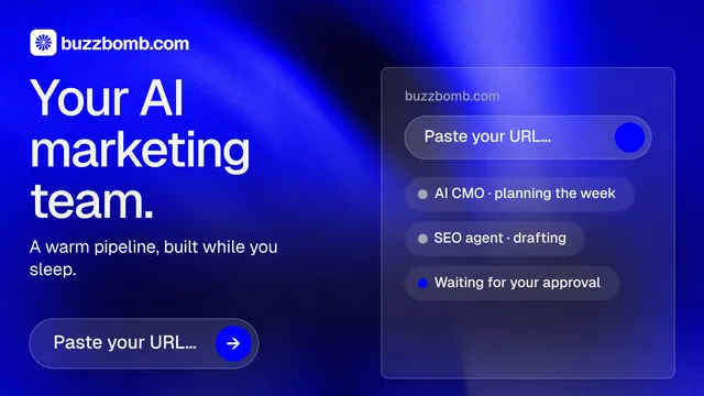 Landscape graphic for BuzzBomb: "Your AI marketing team." Agentic glass style, bottom layout, dark palette in blue.