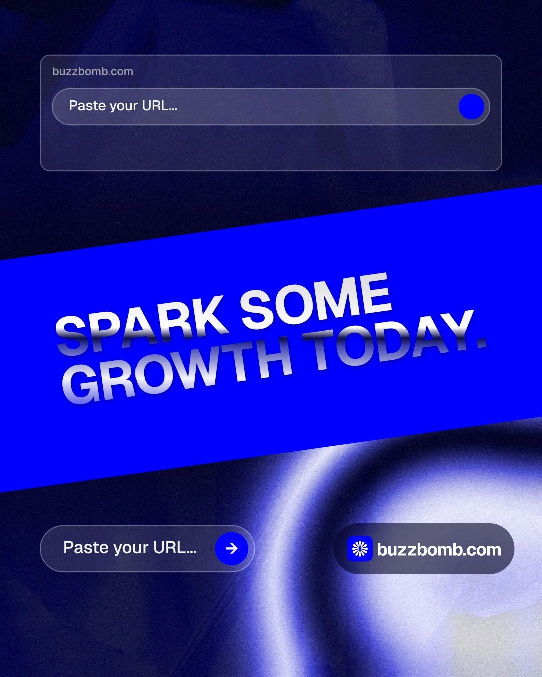 Instagram portrait post for BuzzBomb: "Spark some growth today." Agentic glass style, diagonal layout, dark palette in blue.