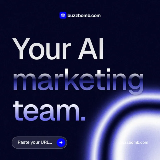Instagram post for BuzzBomb: "Your AI marketing team." Agentic glass style, poster layout, dark palette in black, blue.