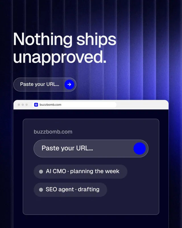 Instagram portrait post for BuzzBomb: "Nothing ships unapproved." Agentic glass style, browser layout, dark palette in black, blue.