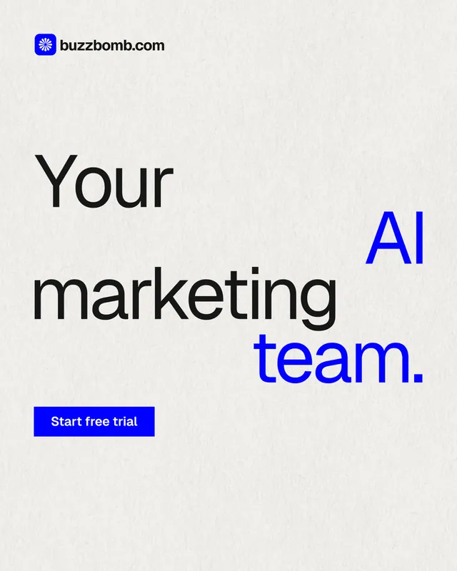 Instagram portrait post for BuzzBomb: "Your AI marketing team." Swiss style, stacked layout, light palette in white, blue.