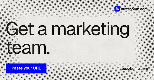 Social ad for BuzzBomb: "Get a marketing team." Swiss style, poster layout, light palette in grey, white.