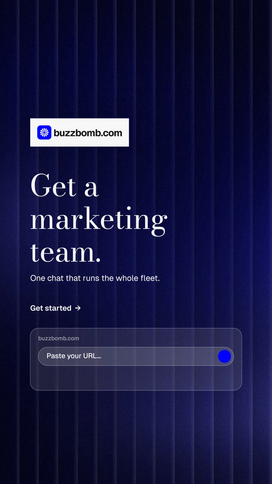Instagram story for BuzzBomb: "Get a marketing team." Minimal luxury style, announce layout, dark palette in blue, black, grey.