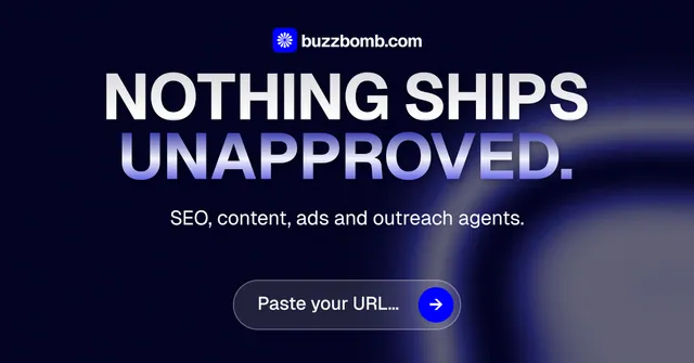 Social ad for BuzzBomb: "Nothing ships unapproved." Agentic glass style, centred layout, dark palette in black, grey, blue.
