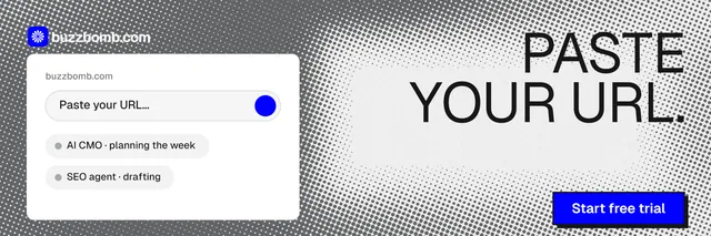 X header for BuzzBomb: "Paste your URL." Brutalist style, right layout, light palette in grey, white.