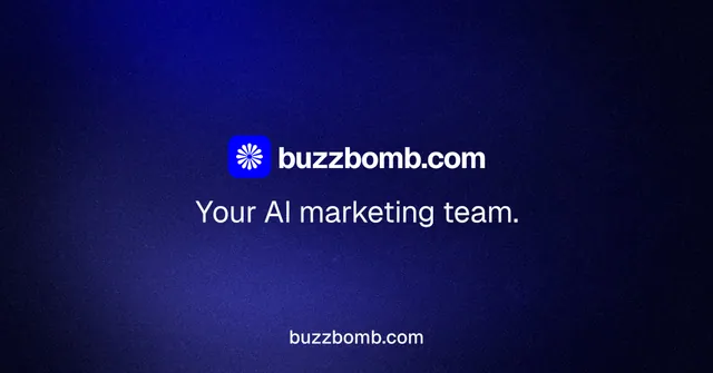 Social ad for BuzzBomb: "Your AI marketing team." Swiss style, end card layout, dark palette in black, blue.