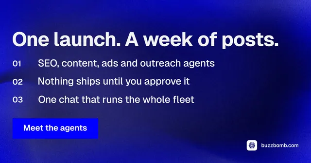Social ad for BuzzBomb: "One launch. A week of posts." Swiss style, numbered layout, dark palette in blue.