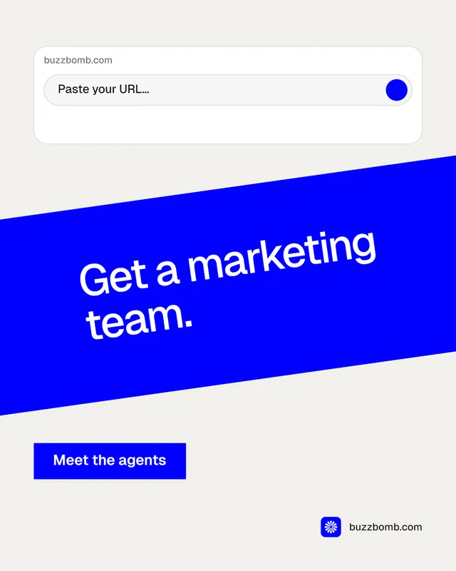 Instagram portrait post for BuzzBomb: "Get a marketing team." Swiss style, diagonal layout, light palette in white, blue.
