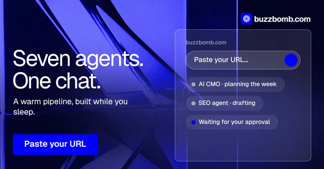 Social ad for BuzzBomb: "Seven agents. One chat." Swiss style, bottom layout, dark palette in black, blue.