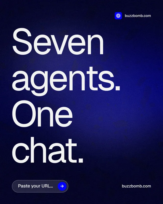 Instagram portrait post for BuzzBomb: "Seven agents. One chat." Agentic glass style, poster layout, dark palette in black, blue, grey.