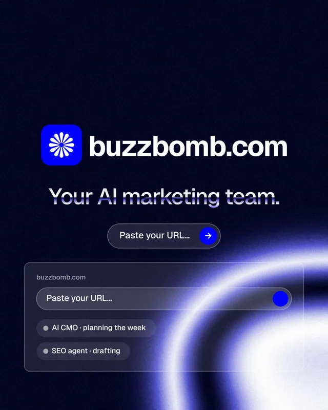 Instagram portrait post for BuzzBomb: "Your AI marketing team." Agentic glass style, logo hero layout, dark palette in black, blue.