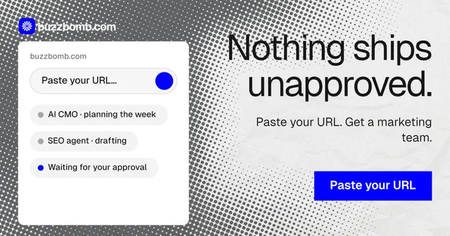 Social ad for BuzzBomb: "Nothing ships unapproved." Swiss style, right layout, light palette in white, grey.