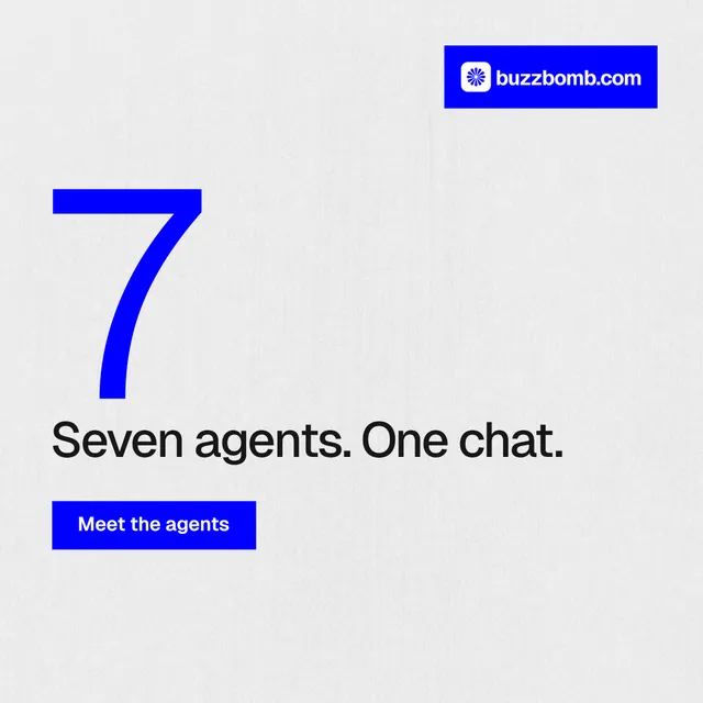 Instagram post for BuzzBomb: "Spark some growth today." Swiss style, stat layout, light palette in white, blue.