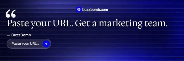 X header for BuzzBomb: "Seven agents. One chat." Agentic glass style, quote layout, dark palette in blue.