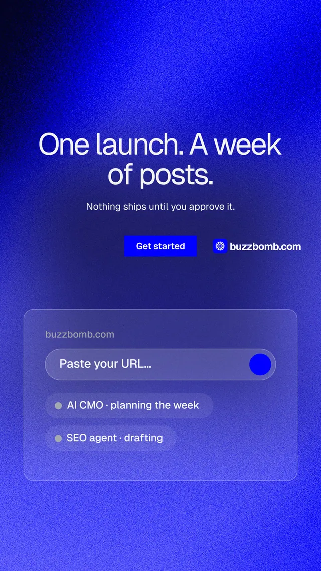 Instagram story for BuzzBomb: "One launch. A week of posts." Swiss style, centred layout, dark palette in blue.