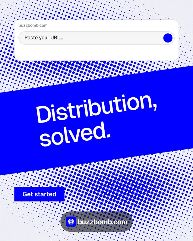 Instagram portrait post for BuzzBomb: "Distribution, solved." Swiss style, diagonal layout, light palette in blue, white.