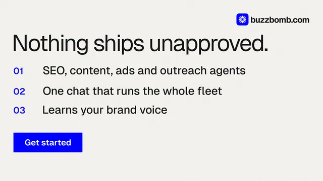 Landscape graphic for BuzzBomb: "Nothing ships unapproved." Swiss style, numbered layout, light palette in white, blue.