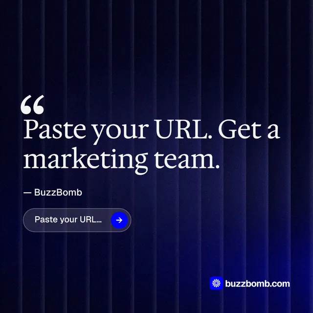 Instagram post for BuzzBomb: "One launch. A week of posts." Agentic glass style, quote layout, dark palette in black, blue, grey.