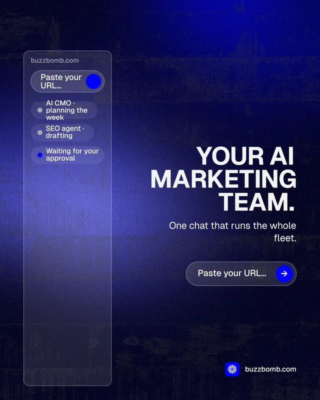 Instagram portrait post for BuzzBomb: "Your AI marketing team." Agentic glass style, right layout, dark palette in black, blue.