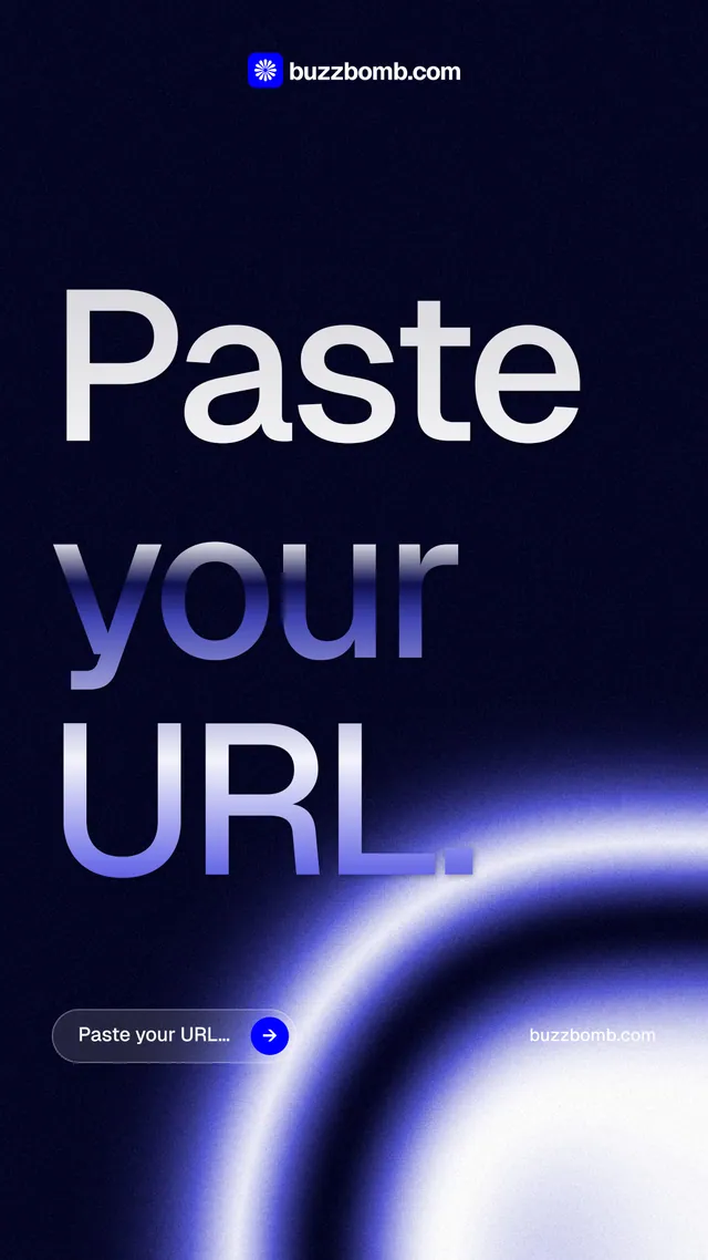 Instagram story for BuzzBomb: "Paste your URL." Agentic glass style, poster layout, dark palette in black, blue.