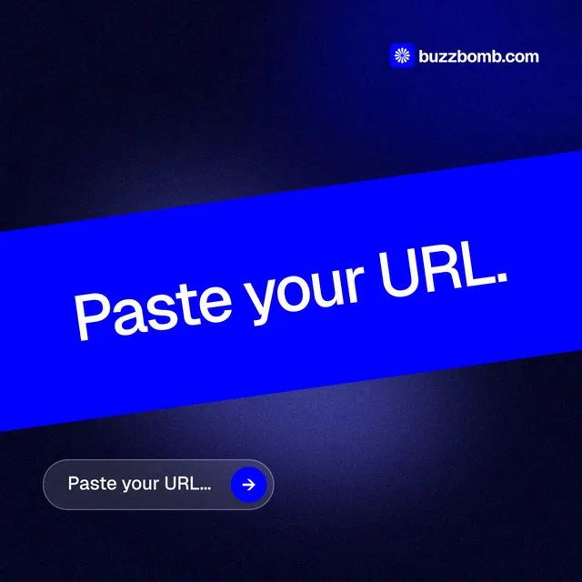 Instagram post for BuzzBomb: "Paste your URL." Agentic glass style, diagonal layout, dark palette in black, blue.
