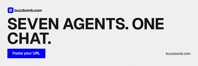 X header for BuzzBomb: "Seven agents. One chat." Swiss style, poster layout, light palette in white, grey.