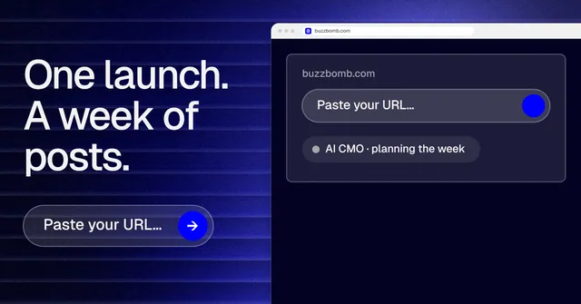 Social ad for BuzzBomb: "One launch. A week of posts." Agentic glass style, browser layout, dark palette in blue, black, grey.