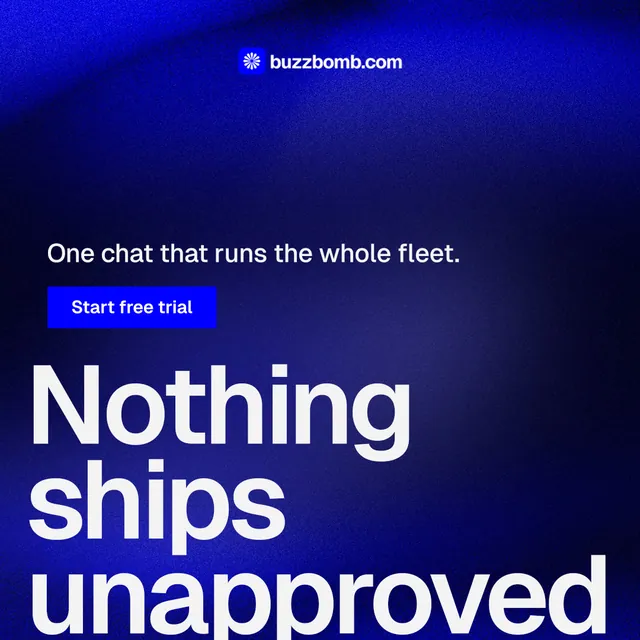 Instagram post for BuzzBomb: "Get a marketing team." Swiss style, oversized layout, dark palette in blue.