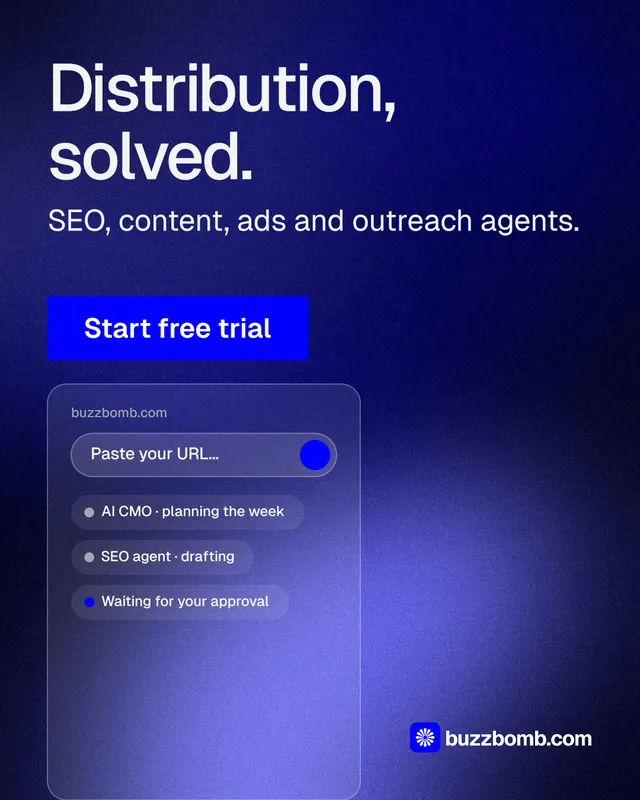 Instagram portrait post for BuzzBomb: "Distribution, solved." Swiss style, skeleton layout, dark palette in blue.