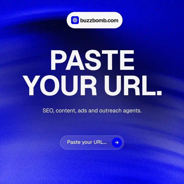 Instagram post for BuzzBomb: "Paste your URL." Agentic glass style, centred layout, dark palette in blue.