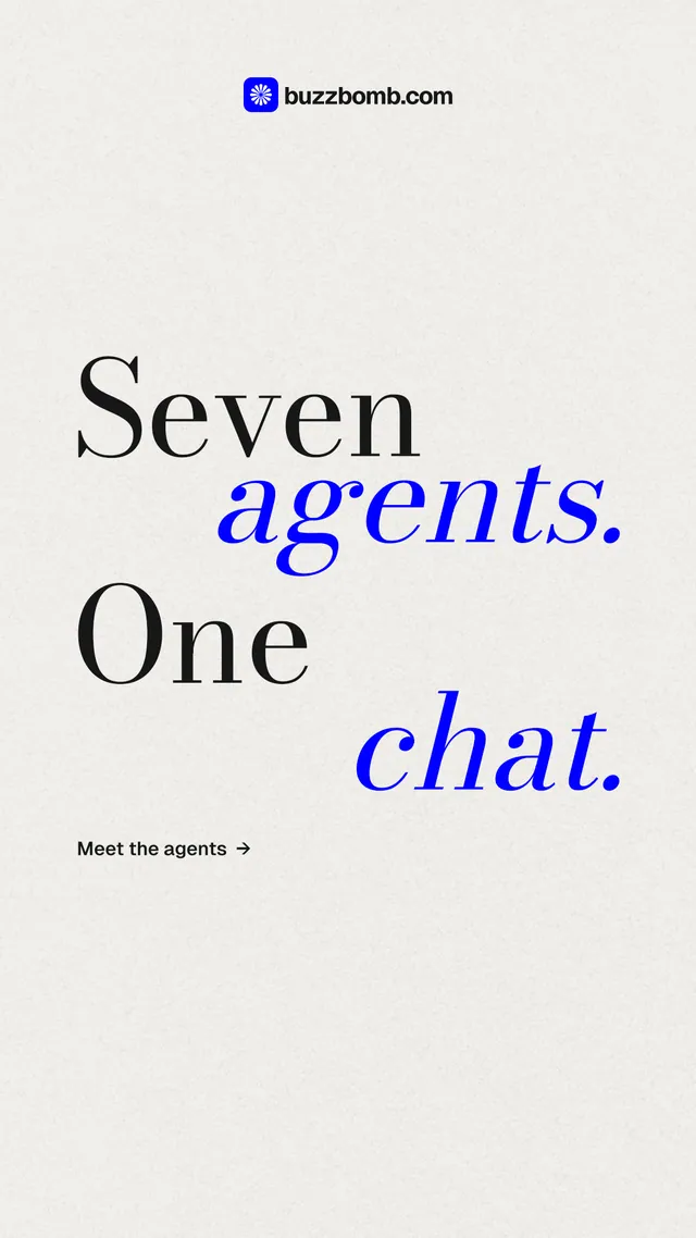 Instagram story for BuzzBomb: "Seven agents. One chat." Minimal luxury style, stacked layout, light palette in white, blue.