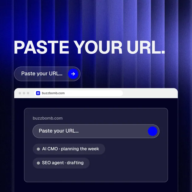Instagram post for BuzzBomb: "Paste your URL." Agentic glass style, browser layout, dark palette in blue, black.