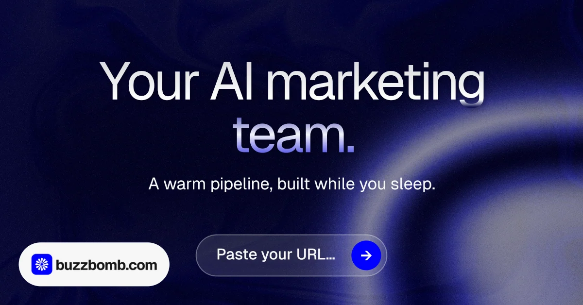Social ad for BuzzBomb: "Your AI marketing team." Agentic glass style, centred layout, dark palette in black, blue, grey.
