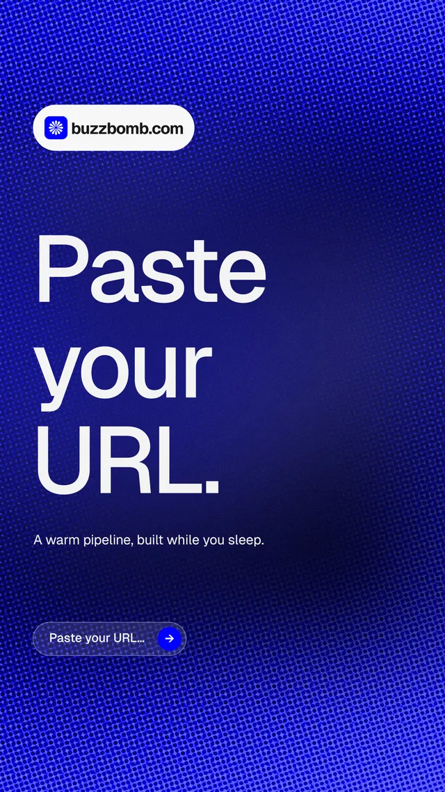 Instagram story for BuzzBomb: "Paste your URL." Agentic glass style, announce layout, dark palette in blue.