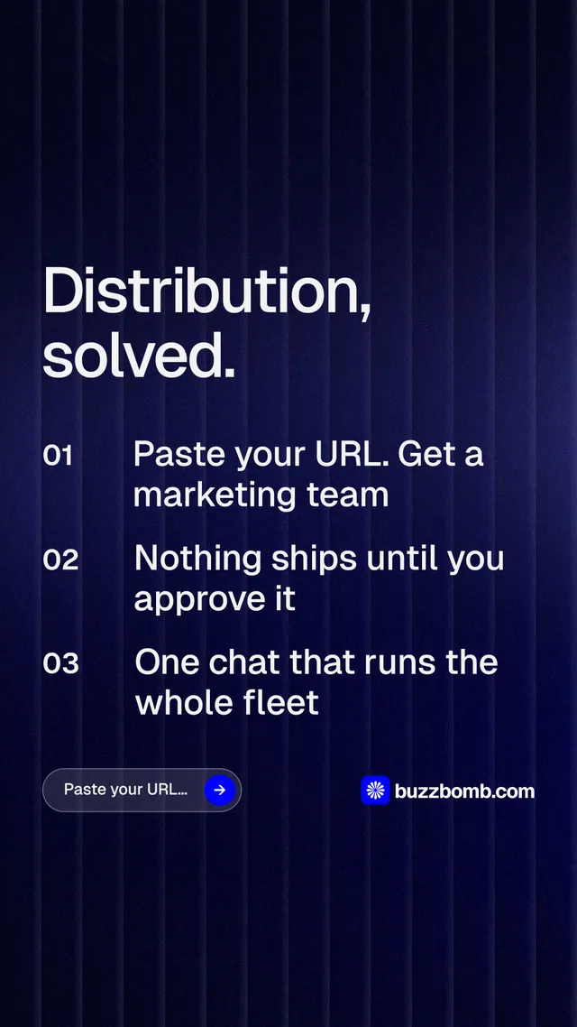Instagram story for BuzzBomb: "Distribution, solved." Agentic glass style, numbered layout, dark palette in black, blue, grey.