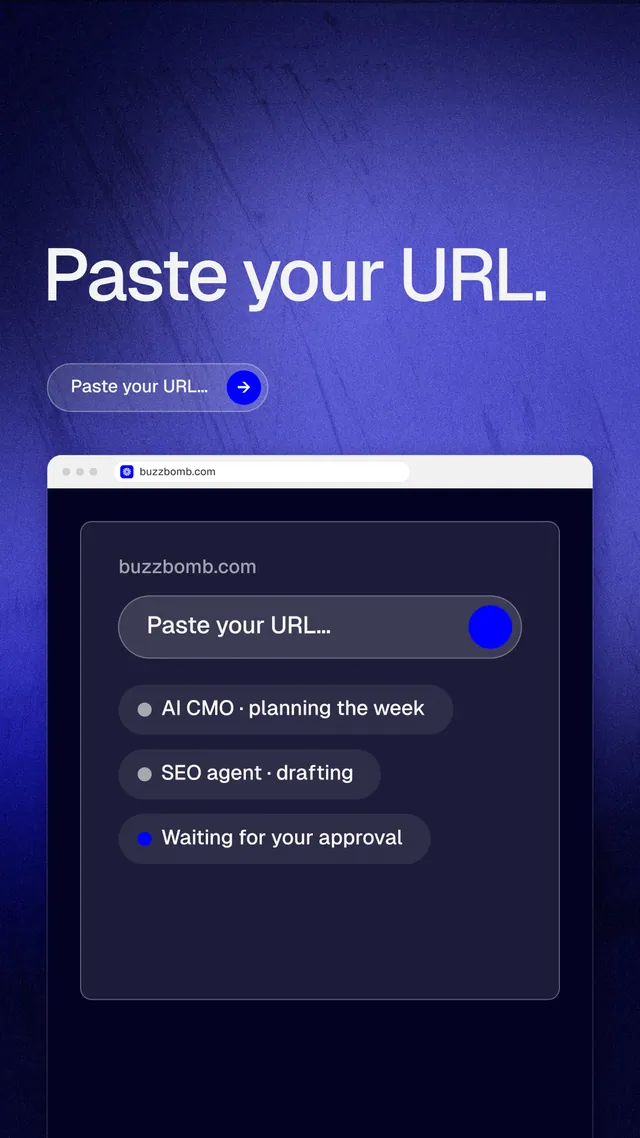 Instagram story for BuzzBomb: "Paste your URL." Agentic glass style, browser layout, dark palette in blue, black.