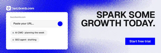 X header for BuzzBomb: "Spark some growth today." Swiss style, right layout, light palette in white, blue.