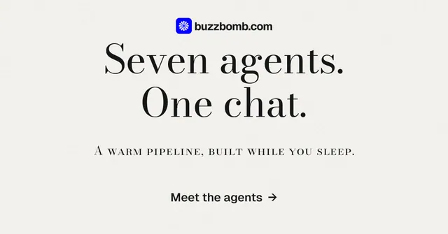 Social ad for BuzzBomb: "Seven agents. One chat." Minimal luxury style, smallcaps layout, light palette in white, grey.