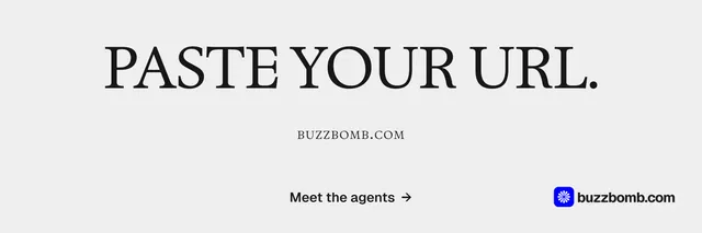 X header for BuzzBomb: "Paste your URL." Swiss style, smallcaps layout, light palette in white, grey.