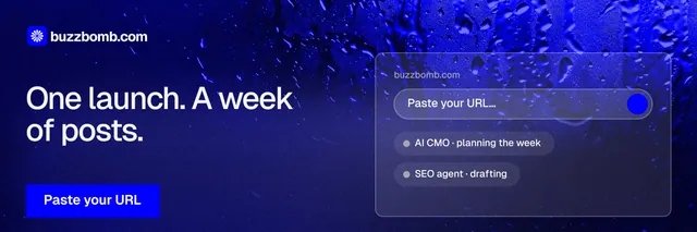 X header for BuzzBomb: "One launch. A week of posts." Swiss style, bottom layout, dark palette in blue.