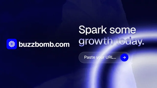 Landscape graphic for BuzzBomb: "Spark some growth today." Agentic glass style, logo hero layout, dark palette in blue, black.